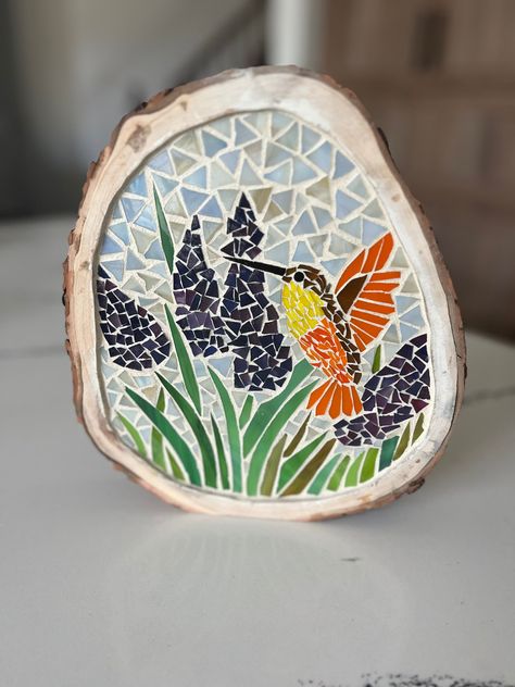 Mosaic glass art piece of a hummingbird and lavender flowers encased in a wooden cookie. Lavender Backdrop, Sunflower Mosaic, Wood Cookie, Butterfly Mosaic, Wood Cookies, Mosaic Stained, Stained Glass Paint, Grandmas Kitchen, Colour Texture