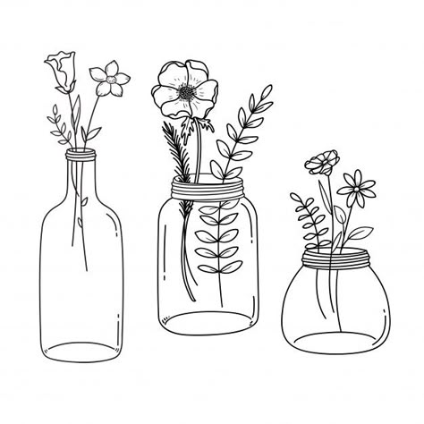 Flower In Vase Tattoo, Vase Of Flowers Tattoo, Flowers In Vase Tattoo, Flower Vase Tattoo, Flower Vase Drawing, Vase Ideas, Bottle Drawing, Doodle Art Flowers, Floral Vector