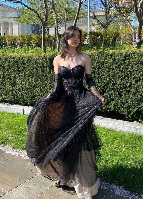 Black Dress Aesthetic Prom, Dress With Arm Gloves, Black Prom Dress Layers, Prom Dress 2023 Black, Prom Strapless Dress Hair Ideas, Red And Black Prom Dress Aesthetic, Vampcore Prom Dress, Edgy Prom Outfit, Sparkly Black Aesthetic