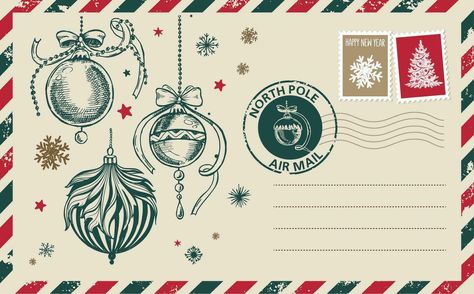 Christmas mail, postcard, hand drawn illustration. Christmas Stamp Illustration, Christmas Snail Mail, Christmas Postcard Illustration, Christmas Mail, Christmas Envelopes, Christmas Journal, Hand Drawn Illustration, Christmas Stamps, Heart Tree