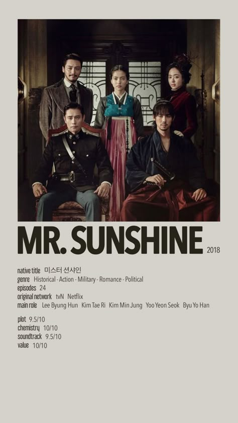 Mr Sunshine Kdrama, Kdrama Poster, Mr Sunshine, Korean Series, Military Romance, Drama List, Korean Drama Series, Music Poster Ideas, Film Posters Minimalist