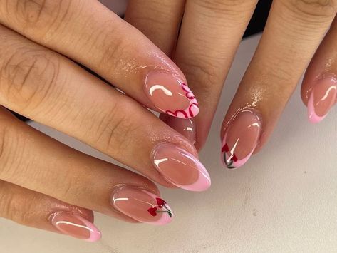 French With Heart Nails, French Nails Rosa, Cherry Nails Designs, Cherry French Tip, Pink And Red Nails, Point Nails, Nail Enhancements, Cherry Nails, Nail Prep