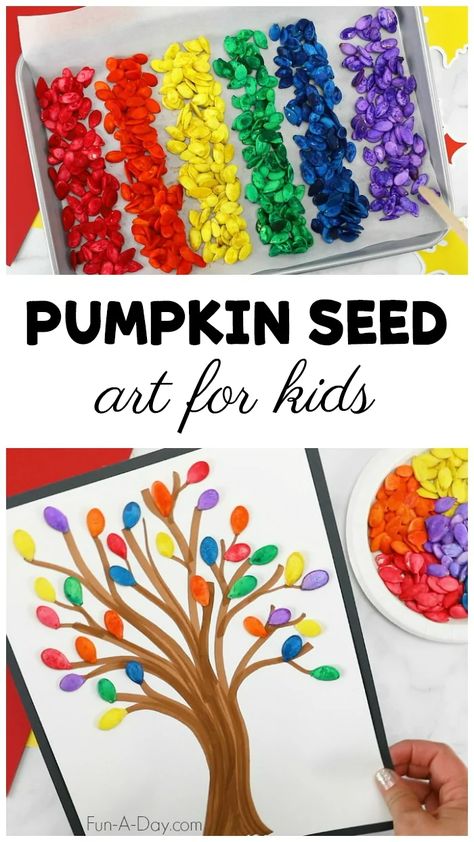 How to Make Colorful Pumpkin Seed Art in Preschool | Fun-A-Day! Pumpkin Seed Art, Seed Art For Kids, Pumpkin Seed Activities, Pumpkin Seed Crafts, Preschool Pumpkins, Pumpkin Lesson Plans, Daisy Crafts, Garden Education, October Preschool