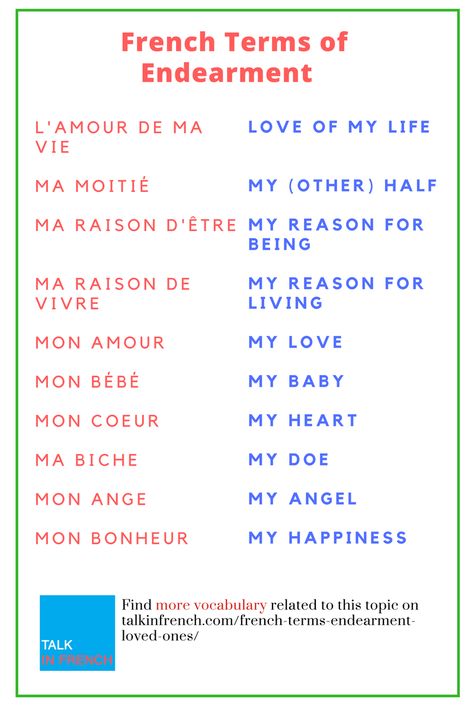 Now you can show love and affection to your dear ones with French terms of endearment + download the list in PDF format for free! Check it out at: https://www.talkinfrench.com/french-terms-endearment-loved-ones/ French Terms, French Words Quotes, Useful French Phrases, French Basics, French Flashcards, Basic French Words, French Language Lessons, French Grammar, Terms Of Endearment