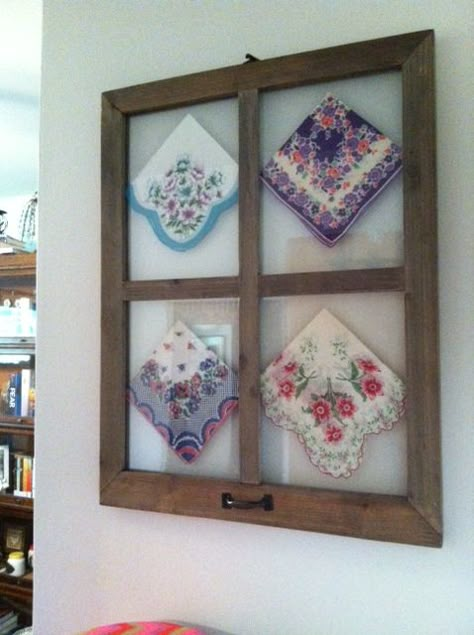 Old hankies in window frame is a neat way to display some heirlooms.  So much better than letting them sit around in a drawer! Vintage Handkerchiefs Crafts, Handkerchief Crafts, Window Crafts, Window Projects, Vintage Windows, Vintage Handkerchiefs, Vintage Crafts, Vintage Design, Vintage Linens