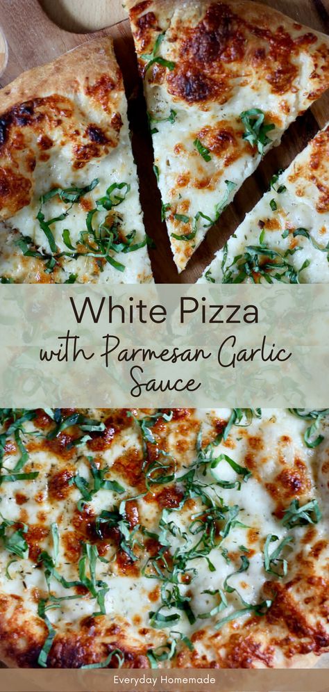 Garlic Parmesan Pizza, White Sauce Pizza Recipe, White Chicken Pizza, Parmesan Garlic Sauce, White Pizza Sauce, Parmesan Pizza, Pizza Oven Recipes, White Pizza Recipes, Garlic Pizza