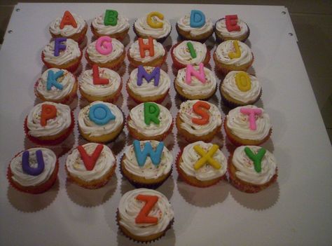 ALPHABET CUPCAKES Abc 123 Birthday Cake, Abc Cupcakes, Alphabet Cupcakes, Abc Birthday Parties, Alphabet Party, Alphabet Birthday, Alphabet Cake, Teacher Party, Abc Party