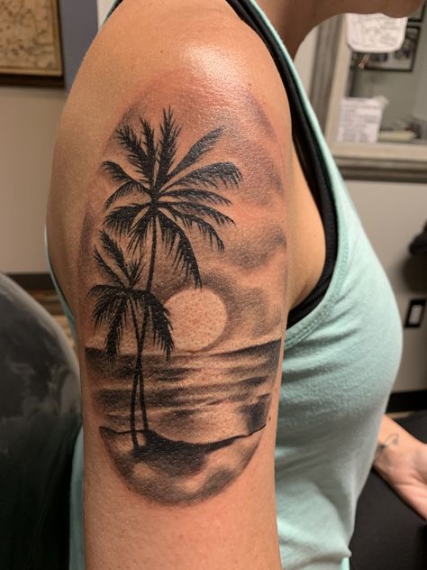 Palm Tree Shoulder Tattoos For Women, Beach Scene Tattoos For Women, Palm Tree And Waves Tattoo, Beach Tattoo Sleeve, Palm Tree Ocean Tattoo, Palm Trees Sunset Tattoo, Palm Tree And Ocean Tattoo, Beach Scene Tattoo, Pelvic Tattoo