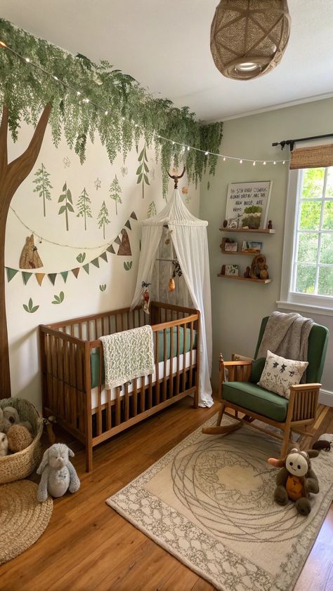 Cottagecore Nursery Nature-themed Nursery Ideas, Nursery Forest Theme, Forest Nursery Ideas, Play Cottage, Rustic Woodland Nursery, Enchanted Forest Nursery, Woodland Creatures Nursery, Cottagecore Nursery, Nature Nursery