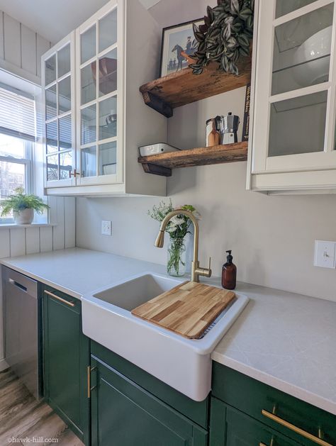 Cabinets Over Sink No Window, Ikea Kitchen Wall Shelves, Glass Front Cabinets Kitchen, Wood Ikea Kitchen, Green Lower Cabinets White Upper, Green Ikea Kitchen, Sink No Window, Ikea Kitchen Wall Cabinets, Cabinets Over Sink