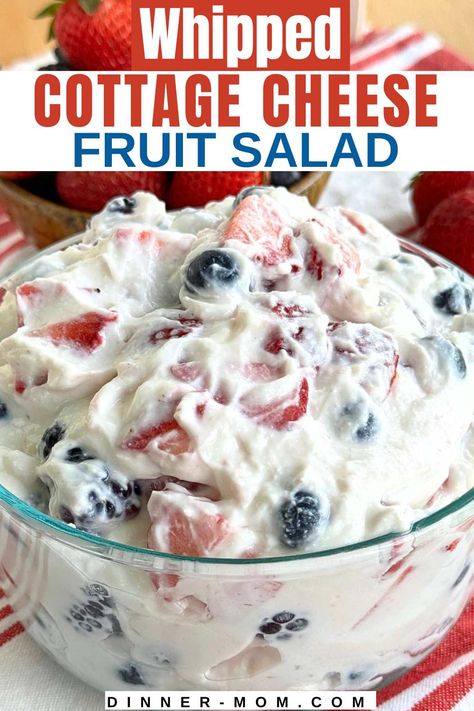 Whipped cottage cheese fruit salad is a modern twist on an old-fashioned combo that tastes like creamy cheesecake in a bowl! When holiday gatherings, like Memorial Day, July 4th, and Labor Day, call for red, white, and blue dishes, this is my pick. It's always a crowd-pleaser, and I enjoy it without reservation! It's healthy, low-carb and easy to make because it's a no-bake recipe. Cottage Cheese Fruit Salad, White And Blue Dishes, Cottage Cheese Fruit, Cottage Cheesecake, Healthy Rhubarb Recipes, Cottage Cheese Dessert Recipes, Whipped Cottage Cheese, Cheesecake Fruit, Cheesecake Fruit Salad