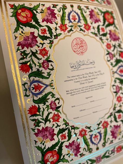 Mughal fresco, hand painted nikkah contract Nikkah Contract Design, Unique Nikkah Ideas, Nikkah Wedding Invitation, Nikkah Inspiration, Islamic Wedding Invitations, Pakistani Wedding Invitations, Islamic Nikkah, Nikkah Decor, Nikkah Contract