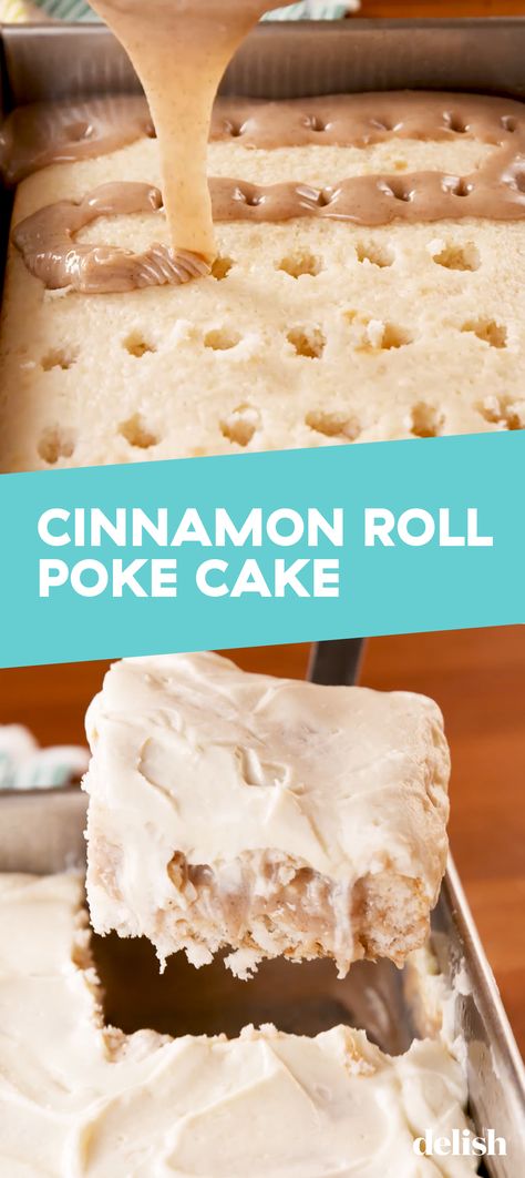 This poke cake tastes EXACTLY like a cinnamon roll. Get the recipe at Delish.com. #recipe #easy #easyrecipes #delish #poke #cake #cinnamon #roll #baking #dessert #cinnamonroll #pokecake #cakes #frosting #dessertrecipes Cinnamon Roll Poke Cake, Cakes Frosting, Cake Cinnamon, Poke Cake Recipes, Poke Cakes, A Piece Of Cake, Poke Cake, Cake Mix Recipes, Cake Tasting