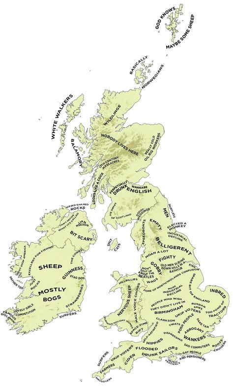 The Definitive Stereotype Map Of Britain And Ireland- pretty funny & I'm sure greatly exaggerated! British Stereotypes, Stereotypes Funny, British Humour, Interesting Maps, Map Of Britain, British Things, British Humor, British People, Weird Stuff