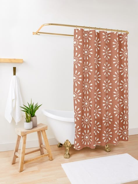 "Terracotta Moroccan inspired pattern" Shower Curtain by IkonolexiArt | Redbubble Boho Bathroom Curtain, Textured Shower Curtain, Cozy Bathroom Shower Curtains, Boho Shower Curtains, Terracotta Bathroom Decor, Shower Curtain And Rug Ideas, Boho Bathroom Shower Curtains, Terracotta Bathroom Accessories, Cute Shower Curtain Ideas