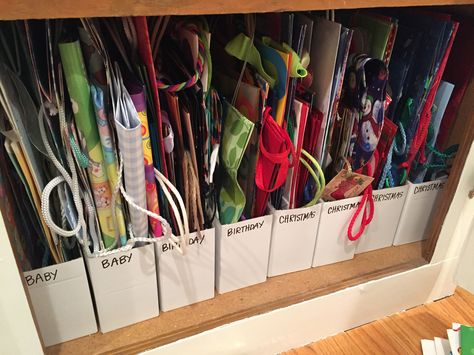 Gift bag storage using IKEA magazine holders. Gift Box Storage Ideas, Gift Bag Storage Ideas Diy, Birthday Bag Storage Ideas, Christmas Gift Storage, Gift Storage Organization, Storage Ideas For Gift Bags, Paper Napkin Storage Ideas, How To Store Gift Bags, Gift Wrapping Storage Ideas