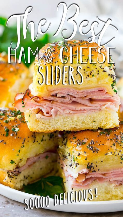 These ham and cheese sliders are Hawaiian rolls topped with plenty of sliced ham, swiss cheese and an onion poppy seed butter, then baked to gooey perfection. Hawaiian Ham And Cheese Sliders Recipe, Hawaiian Roll Sliders Ham And Cheese Pineapple, Sliders With Poppy Seeds, Hawain Roll Sliders Ham And Cheese, Baked Hawian Roll Sandwiches, Ham And Cheese Sliders With Mayo, Hawaiian Sandwiches Recipes Ham Sliders, Poppy Seed Ham Sliders Kings Hawaiian, Ham Biscuits With Poppy Seeds