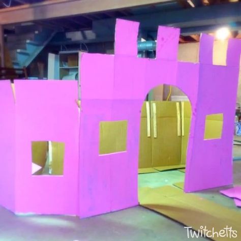 This tutorial will teach you how to make a cardboard castle using boxes you may have around your house. This cardboard project is perfect for a birthday party, a playroom, or an afternoon activity! #cardboard #castle #craftsforkids #twitchetts Diy Castle Backdrop, Diy Castle, Play Castle, Cardboard Play, Castle Backdrop, Cardboard Castle, Paint Stir Sticks, Paper Bracelet, Princess Diy