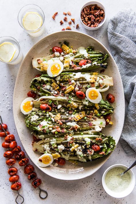 Grilled Romaine Salad with Jalapeno Ranch - Isabel Eats Homemade Jalapeno Ranch Dressing, Charred Romaine, Jalapeno Ranch Dressing, Salad Mexican, Grilled Romaine Salad, Grilled Romaine, Grilled Salad, Creamy Jalapeno, Romaine Salad