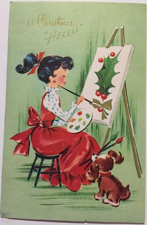 Retro Christmas Cards 1950s, Retro Christmas Cards, Art Scrapbook, Vintage Holiday Cards, Postal Vintage, Vintage Christmas Card, Holiday Images, Girl Artist, Vintage Christmas Images