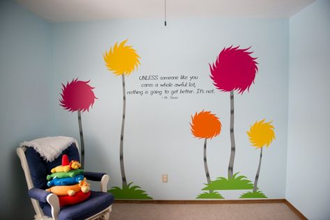 Getting Ideas together for Rosie's new bedroom :) She loves the lorax, and I love the meaning behind it so i figure that will go in this direction.. Truffula Trees Painting, Truffala Trees, Lorax Trees, Dr Seuss Nursery, Playroom Makeover, Truffula Trees, Pom Pom Tree, Dr. Seuss, Painted Wood Walls