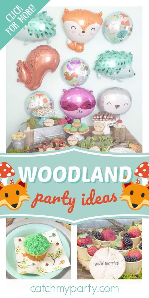 Don't miss this lovely woodland birthday party! The balloon backdrop is so much fun! See more party ideas and share yours at CatchMyParty.com #catchmyparty #partyideas #woodlandparty #woodland #girlbirthdayparty Woodland Party Ideas, Unique Birthday Ideas, Animals Birthday Party, Woodland Animal Birthday, Woodland Cake, Woodland Birthday Party, Party Things, Rustic Party, Animals Birthday