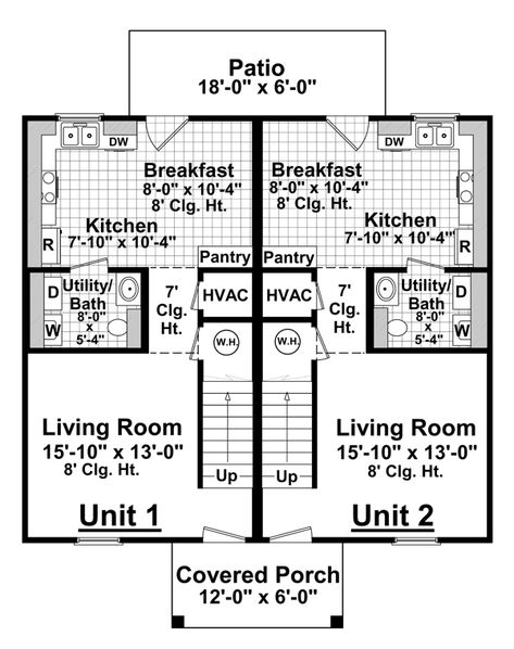 Multi-Family Plan 59141 - Traditional Style with 1890 Sq Ft, 4 Bed, 2 Bath, 2 Half Bath Two Stories House, Small Duplex House Plans, Cottage Community, Duplex Floor Plans, Bed Unit, Family Layout, Duplex Plans, Family Unit, Southern Traditional