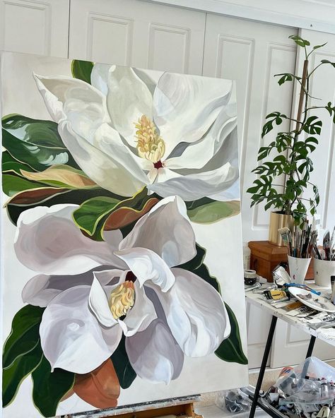 Large Magnolia Painting, Paintings Of Magnolias, Abstract Flower Painting Tutorial, Paintings For Room, Flowers Art Painting, Arte Ganesha, Magnolia Painting, Flower Canvas Painting, Flower Painting Acrylic