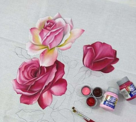 Fabric Painting Rose Design, Hand Painted Roses On Fabric, Fabric Colour Painting, Saree Painting Designs, Painting Flowers Tutorial, Fabric Paint Diy, Abstract Wall Painting, Fabric Painting Techniques, Acrylic Painting Diy