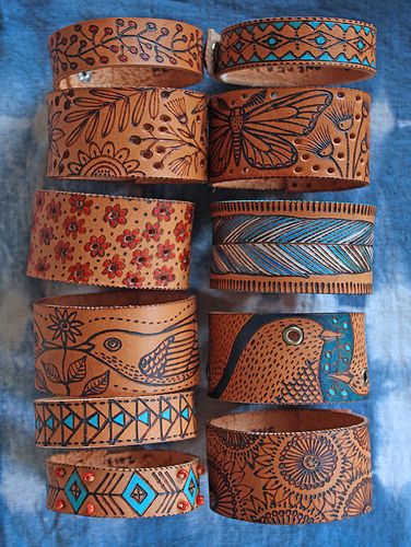 All Together | Flickr - Photo Sharing! Art Du Cuir, Diy En Cuir, Leather Jewellery, Wood Burning Crafts, Leather Carving, Wood Burning Art, Leather Art, Leather Bracelets, Leather Cuffs Bracelet