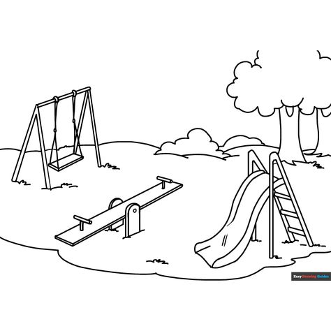 Free Playground Coloring Page for Kids Playground Coloring Page, Playground Drawing Easy, Seesaw Drawing, Playground Sketch, Playground Drawing, Playground Clipart, Playground Pictures, Sticker Background, Easy Drawing Guides