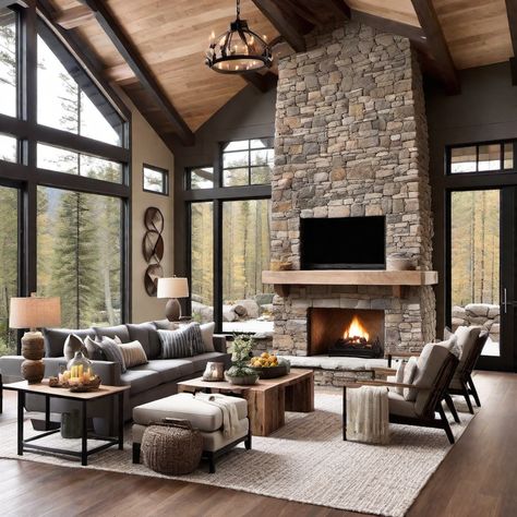 Style Mountain Aesthetic Interior Design, Mountain Lodge Living Room, Mountain Home Living Room, Mountain Modern Home Interiors, Rooms In House, Mountain Modern Living Room, Modern Cabin Living Room, Mountain Homes Interiors, Lodge Interior Design