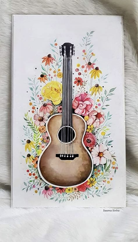 Guitar Drawing Art Paintings, Guitar Canvas Painting Easy, Aesthetic Guitar Drawing, Music Sketches Easy, Guitar Drawing Aesthetic, Music Watercolor Painting, Guitar Painting Ideas, Guitar Painting On Canvas, Guitar Watercolor