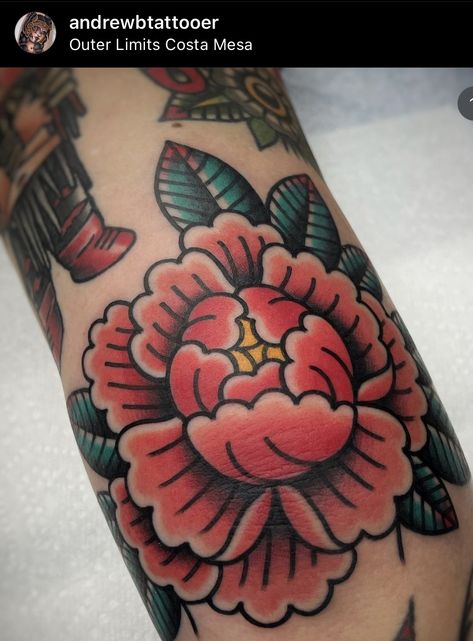 American Traditional Rose Elbow Tattoo, Traditional Elbow Flower Tattoo, Traditional Rose Bouquet Tattoo, Peach Peony Tattoo, Peony Elbow Tattoo Traditional, Traditional Style Peony Tattoo, Neotraditional Elbow Tattoo, Trad Flowers Tattoo, Peonies Traditional Tattoo