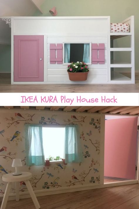 An adorable little house from the IKEA KURA. http://www.ikeahackers.net/2017/10/kura-playhouse-bunk-bed-diy.html Ikea Kura Playroom, Ikea Kura Bed Playhouse, Ikea Kura Playhouse, Kura Bed Playhouse, Diy Playhouse Bed, Kura Bed Hack Girls Ideas, Kura Playhouse, Kura Bed Hack, Ikea Kura Bed