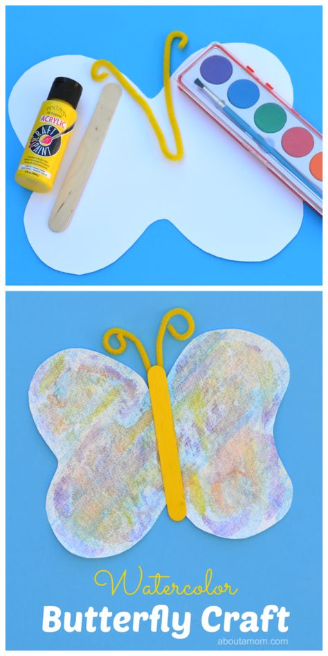 Watercolor butterfly craft for kids free printable butterfly template Butterfly Craft For Kids, Butterfly Crafts Preschool, Butterflies Activities, Printable Butterfly, April Crafts, Butterfly Craft, Insect Crafts, Bug Crafts, Watercolor Butterfly