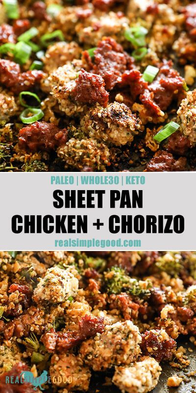 This easy sheet pan chicken and chorizo bake is a great quick and easy weeknight dinner. Plus, it’s a healthy and flavorful Paleo, Keto + Whole30 recipe! With chorizo, cauliflower rice, hemp seeds and broccoli, it's a versatile dish for leftovers too. | realsimplegood.com  #sheetpan #lowcarb #healthy via @realsimplegood Chorizo Bake, Ground Chorizo, Paleo Entrees, Whole30 Recipe, Paleo Roast, Chicken And Chorizo, Chicken Chorizo, Riced Cauliflower, Chorizo Recipes