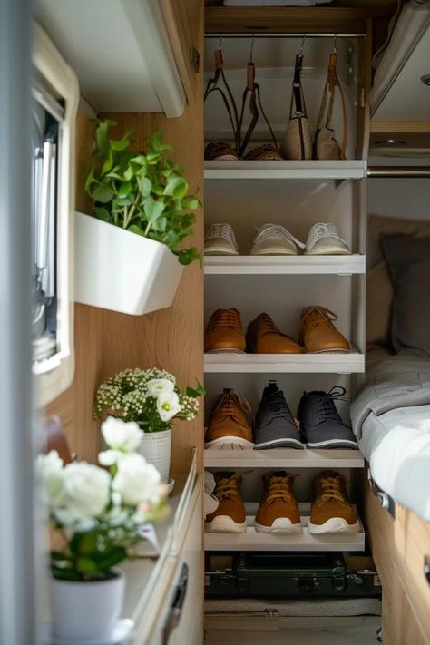 RV Shoe Storage Ideas for Space-Saving Magic Camper Shoe Storage Ideas, Camper Shoe Storage, Rv Shoe Storage Ideas, Rv Shoe Storage, Shoe Storage Ideas, Hanging Shoe Rack, Shoe Hanger, Camping Shoes, Hanging Shoe Organizer