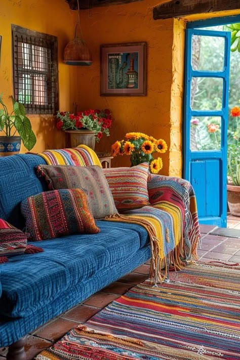 Character Home Decor, Latin Decor Living Rooms, Mexican Theme Living Room, Mexican Inspired Room Decor, Mexican Inspired Apartment, New Mexico Decor Interior Design, Mexican Inspired Interior Design, Mexican Inspired Living Room, Mexican Inspired Home Decor