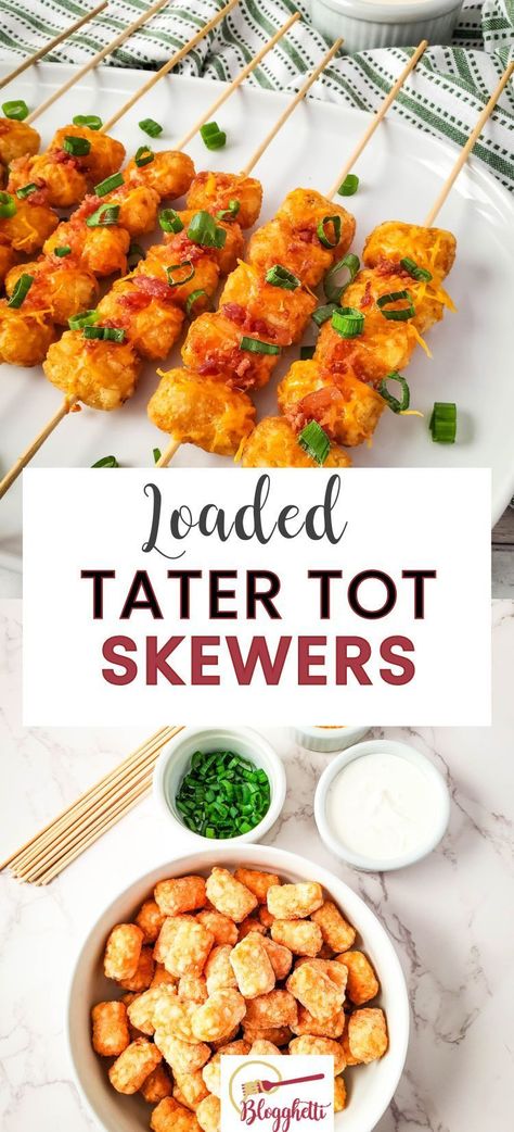 These Loaded Tater Tot Skewers are so easy to make and are the perfect appetizer for parties, game days, and so much more. Crispy on the outside, soft on the inside, and topped with all the favorite potato toppings. Tater Tot Skewers Appetizers, Appetizers On A Skewer, Lavender Drinks, Tater Tot Skewers, Appetizer Night, Tater Tot Appetizers, Loaded Tater Tot, Tater Tot Recipes, Family Breakfast Recipes