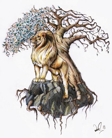 Here is another tattoo design, much more complicated than the last one, but hands down seriously tops it. I'm actually really sa... Lion And Tree Of Life Tattoo, Lion And Tree Tattoo, Lion Tree Tattoo, Tree Of Life Tattoo Design, Tree Of Life Pictures, Tattoo Lion, Family Tree Tattoo, Tree Of Life Symbol, Lion Drawing