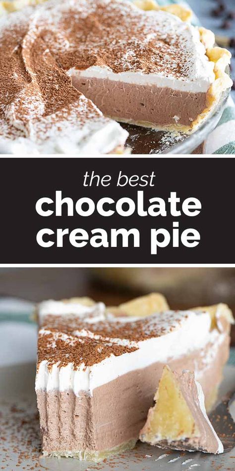 Rich, creamy and silky, this Chocolate Cream Pie is a chocolate lovers dream! A creamy chocolate filling is topped with whipped cream in this easy, crowd pleasing pie. #recipe #pie #chocolate #chocolatepie The Best Chocolate Cream Pie, Frozen Chocolate Cream Pie, Best Chocolate Cream Pie Recipe, Milk Chocolate Cream Pie, Chocolate Pie With Chocolate Chips, Creamy Chocolate Pie, Creme Pies Recipe, Cream Pie Filling Recipes, Milk Chocolate Pie Recipe