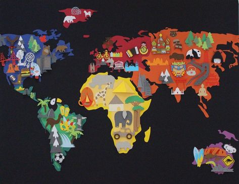 World Map Crafts, Camp Classroom, Map Crafts, Travel Crafts, Afrikaanse Kunst, Elementary Art Projects, Advent Calendars, Teaching Aids, Art Drawings For Kids