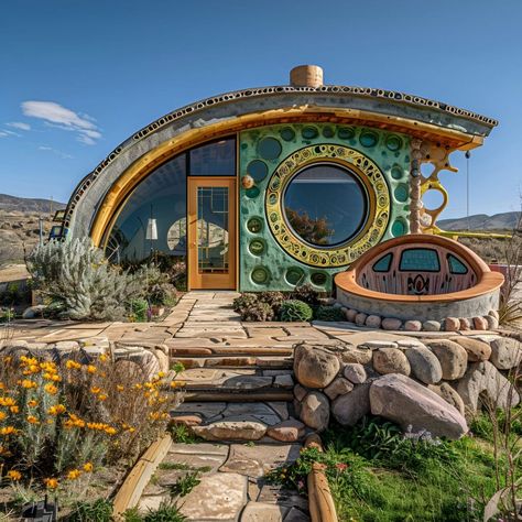 Discover the charm of this contemporary Earthship home with a striking green facade and unique circular window. Set in a serene landscape, this eco-friendly dwelling blends modern aesthetics with sustainable living. The stone pathway and lush garden emphasize its harmony with nature, showcasing energy-efficient architecture and natural materials. Perfect for those seeking innovative, eco-conscious design ideas. Homes In The Desert, Earthhome Earthship Home, Earth Ship Homes Interiors, Earthship Home Exterior, Binishell Homes, Earth House Design, Ecolodge Architecture, Solar Punk House, Cob House Design