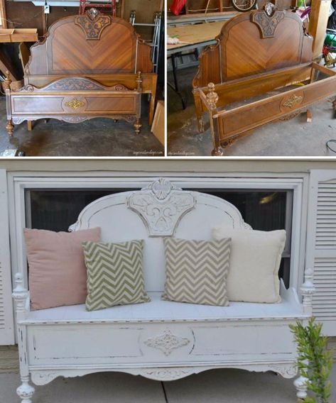 transform a beat up or outdated headboard into a beautiful bench for your porch, garden, or indoor space. Headboard Made Into Bench, Wooden Headboard Repurpose, How To Make A Daybed From A Headboard, Bed Turned Into Bench, Repurposed King Headboard Ideas, Ideas For Old Headboards, Headboard Transformation Ideas, Benches Made From Headboards, What To Do With Old Headboards