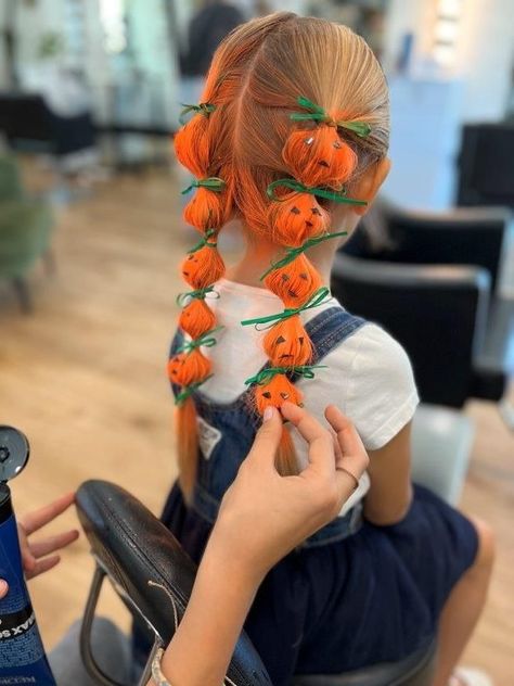 Halloween How To: 5 Little Pumpkins - Style - Modern Salon Pumpkin Crazy Hair Day, Crazy Hair Day Girls Easy, Halloween Crazy Hair, Girls Halloween Hairstyles, Halloween Crazy Hair Day Ideas, Pumpkin Hair, Halloween Hairstyles For Kids, 5 Little Pumpkins, Most Popular Halloween Costumes