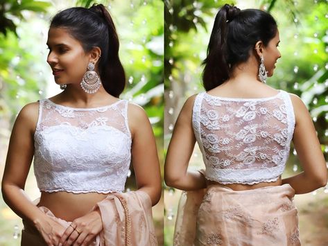 Net Saree Blouse Designs Party Wear, Blouse Front And Back Design, Latest Boat Neck Blouse Designs, Net Blouse Designs, Boat Neck Blouse Designs, White Blouse Designs, Net Saree Blouse Designs, Lehenga Ideas, Neck Blouse Designs