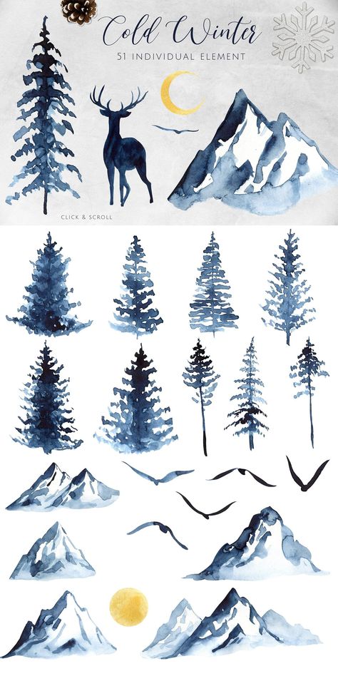 Watercolor Mountains and Forest Winter Woodland Clipart Blue Fog... Cold Colors Art, Cute Winter Drawings, Winter Drawings Easy, Cold Drawing, Fog Landscape, Mountains And Forest, Woodland Clipart, Winter Drawings, Walpapers Cute