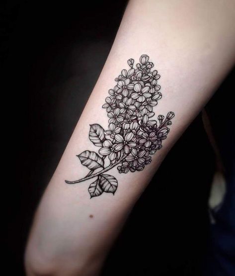 White Lilac Tattoo, Lilac Tattoo Black And White, Shoulder Piece Tattoo, Stevens Point Wisconsin, Sunflower Tattoo Ideas, Plant Tattoos, Lilac Tattoo, Button Tattoo, Black And White Tattoo