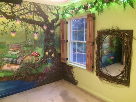 Enchanted forest bedroom - Mural, board and batten shutters, enchanted mirror for the little princess! #HannonArtWorks Enchanted Forest Bedroom Ideas, Woodland Fairy Bedroom, Enchanted Forest Mural, Forest Bedroom Ideas, Enchanted Forest Bedroom, Forest Themed Bedroom, Enchanted Forest Nursery, Woodland Mural, Fairytale Bedroom